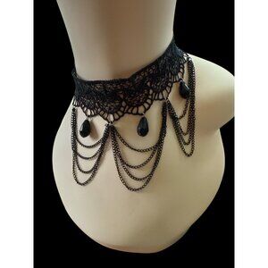Gothic Black Lace Choker Necklace With Beads & Chains Adjustable Length